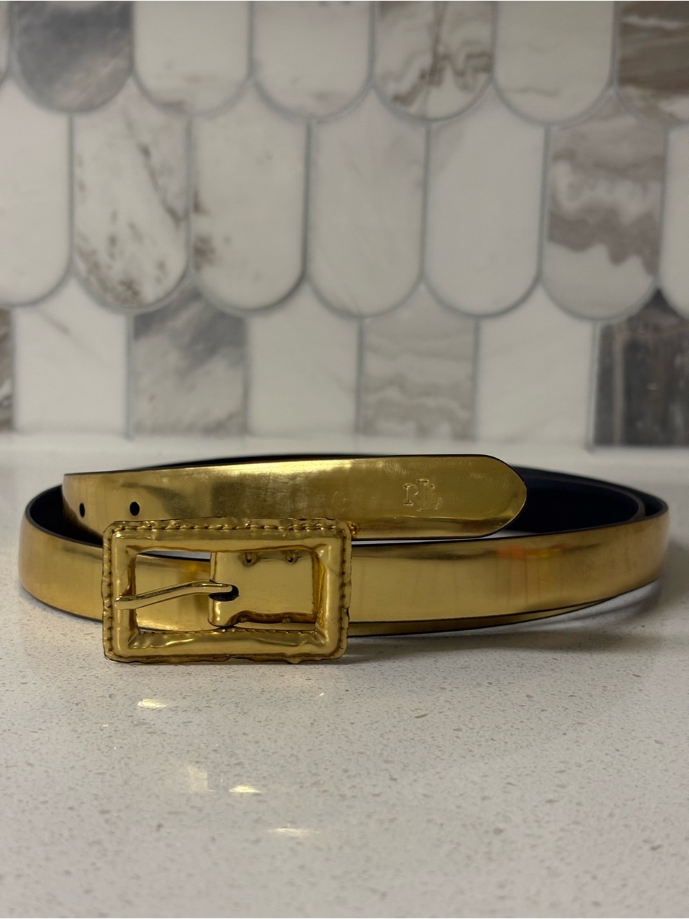Lauren Ralph Lauren Gold Metallic Leather Belt Textured Rectangular Buckle XL